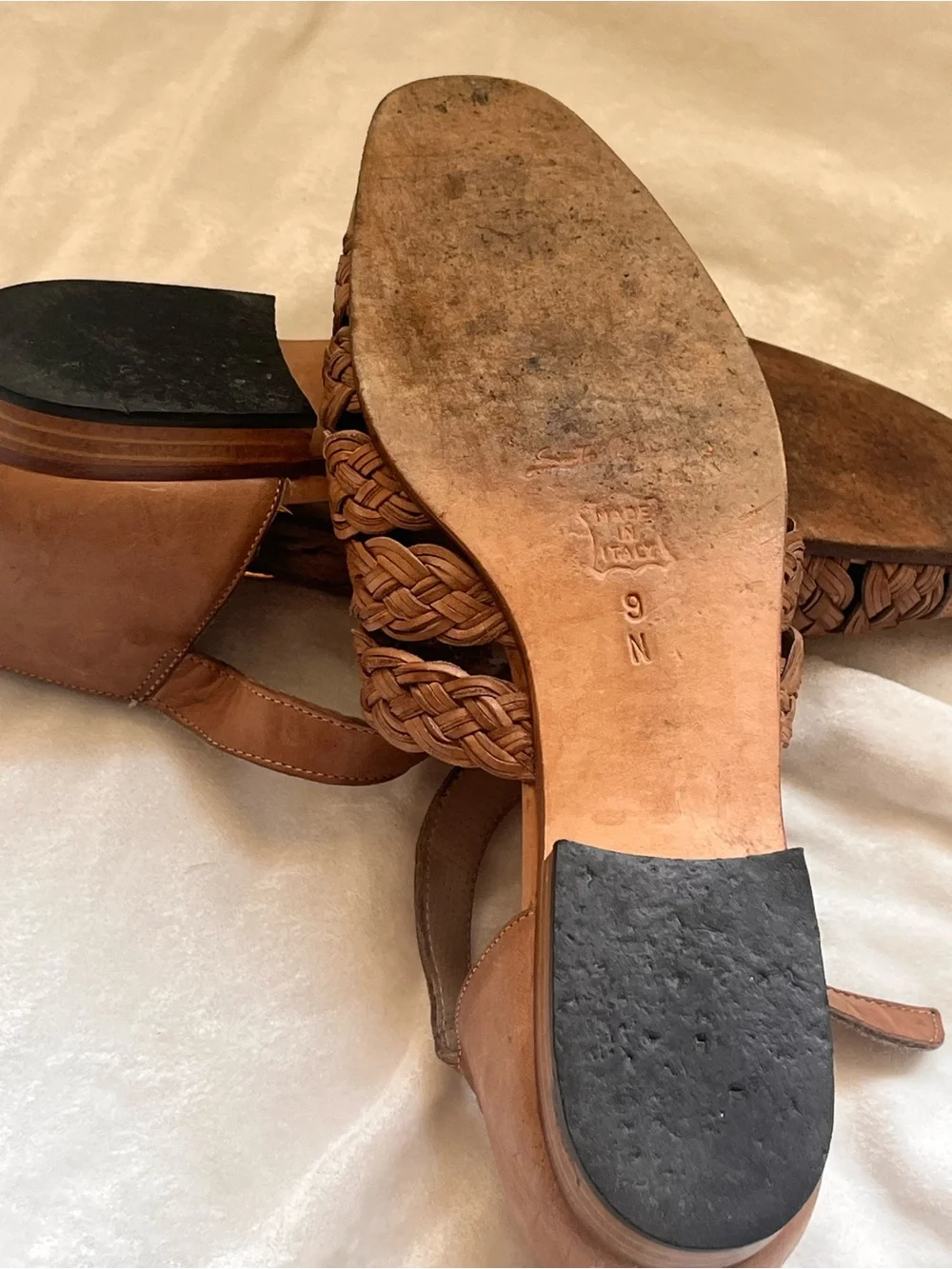 Sesto Meucci Woven Leather Flats in Tan Brown with Gold Buckle